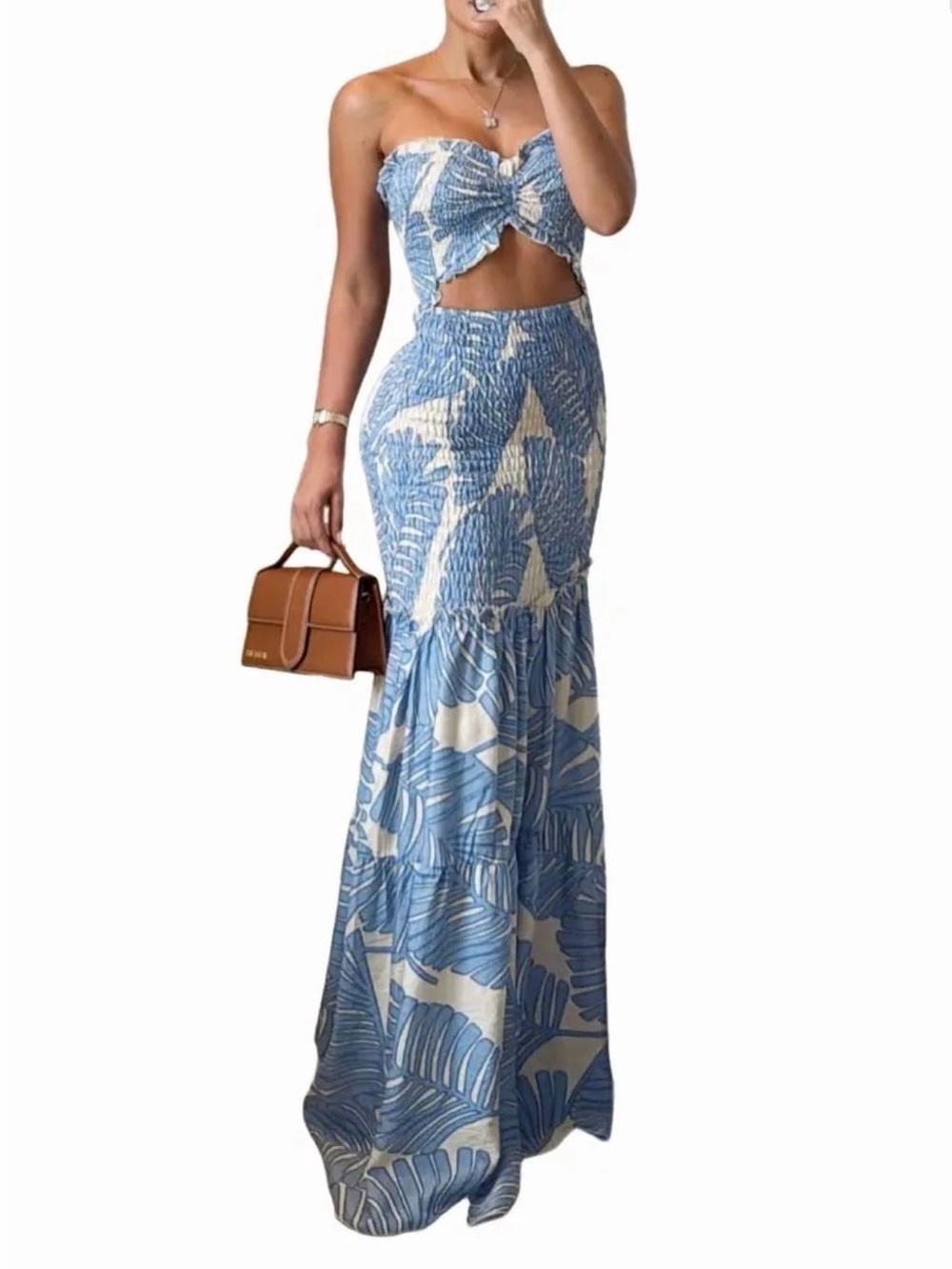 CHICME Floral Print Drawstring Ruched Strapless Smocked Maxi Dress
